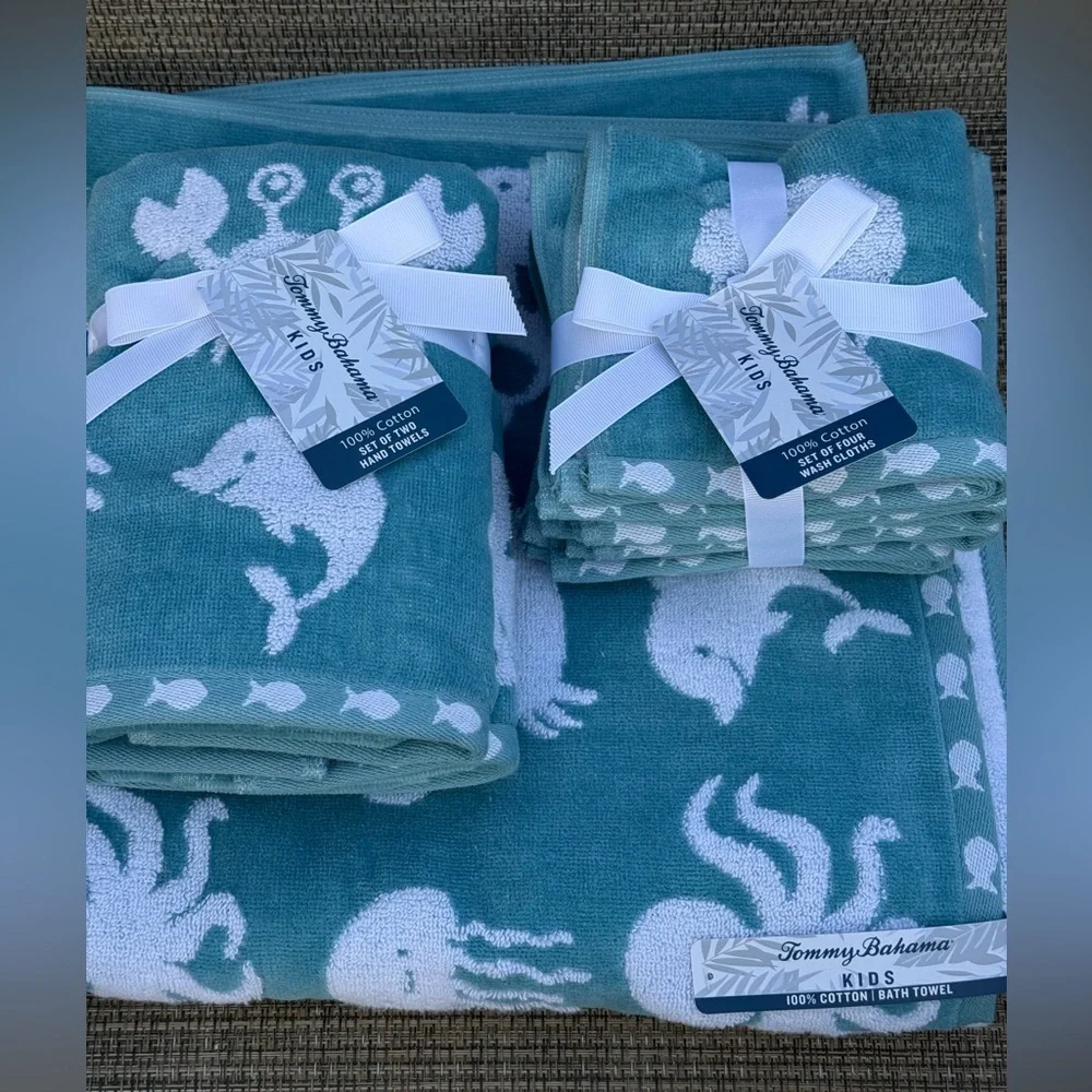 Tommy Bahama Kids Teal Whales Cotton Velour Bath Hand Washcloth Towel Set 7pc